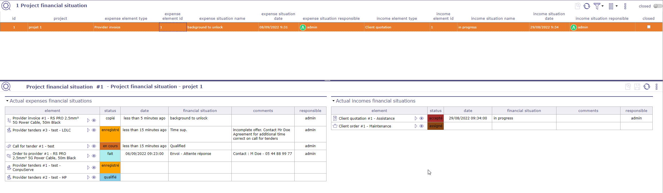 Project financial situation screen