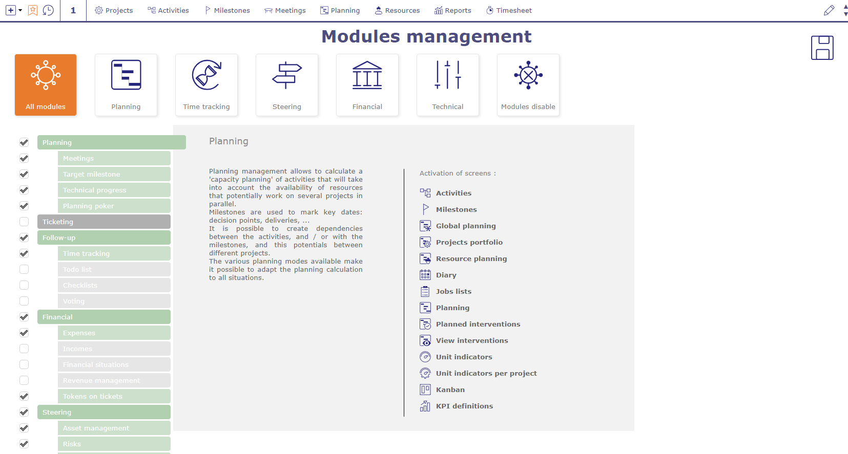 Module management screen