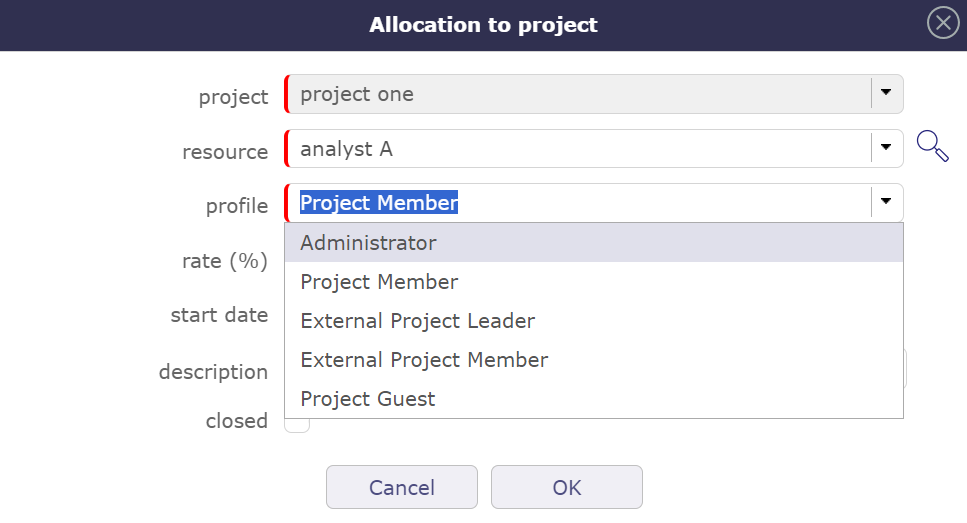 Project manager can assign a resource with the administrator profile