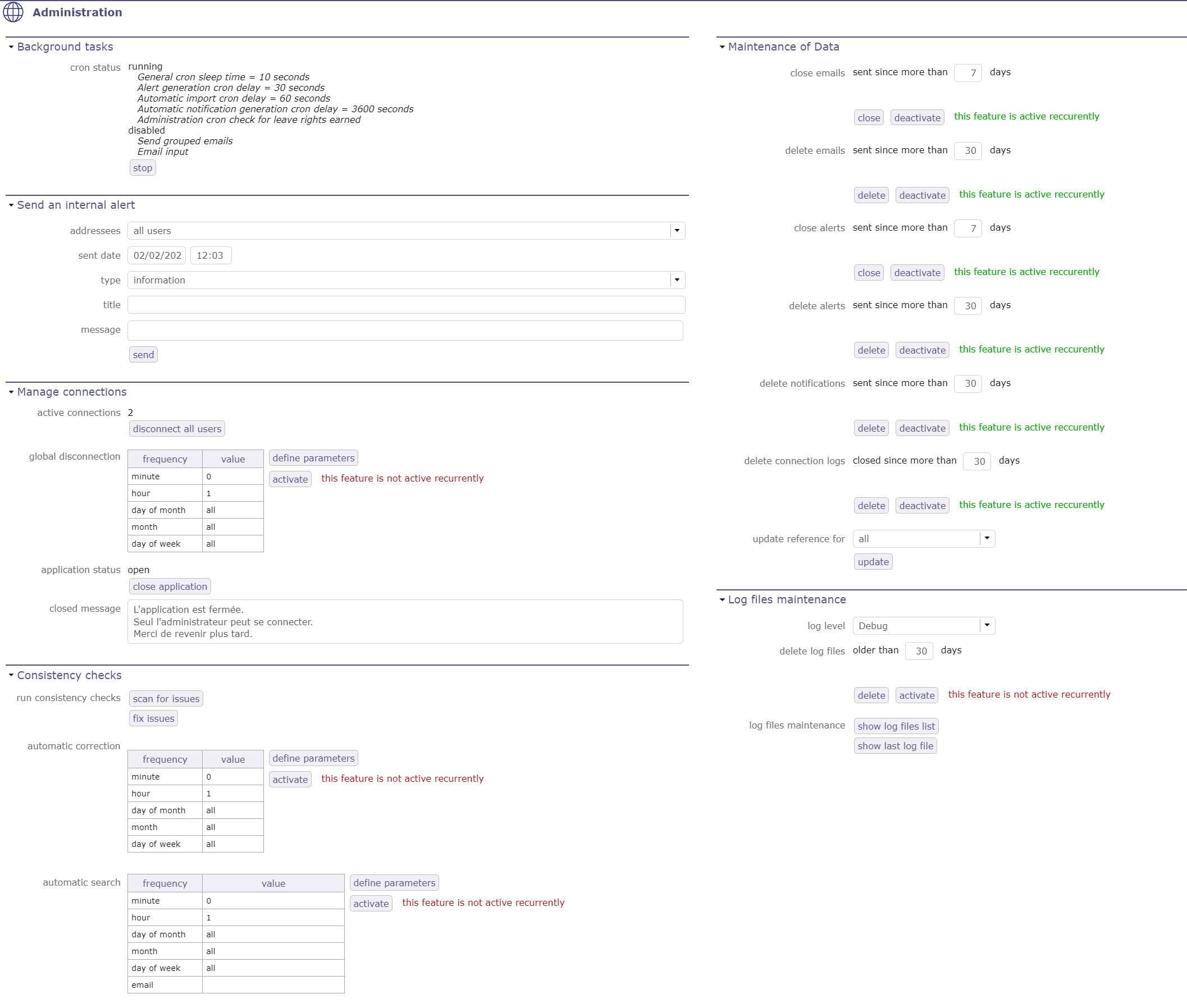 Administration screen