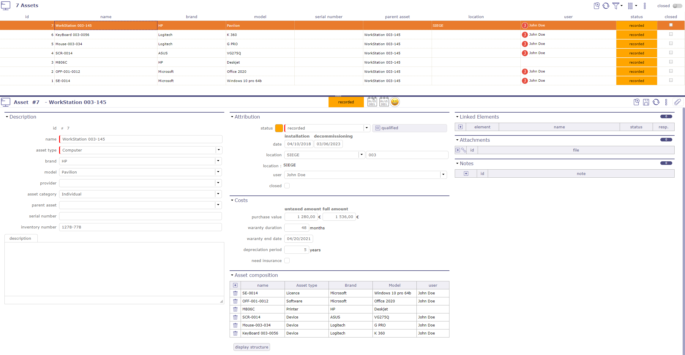 Asset management screen