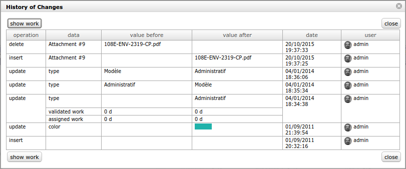 Dialog box - History of changes