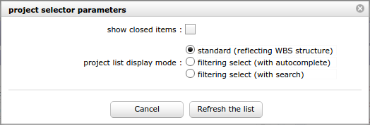 Dialog box - Project selector parameters