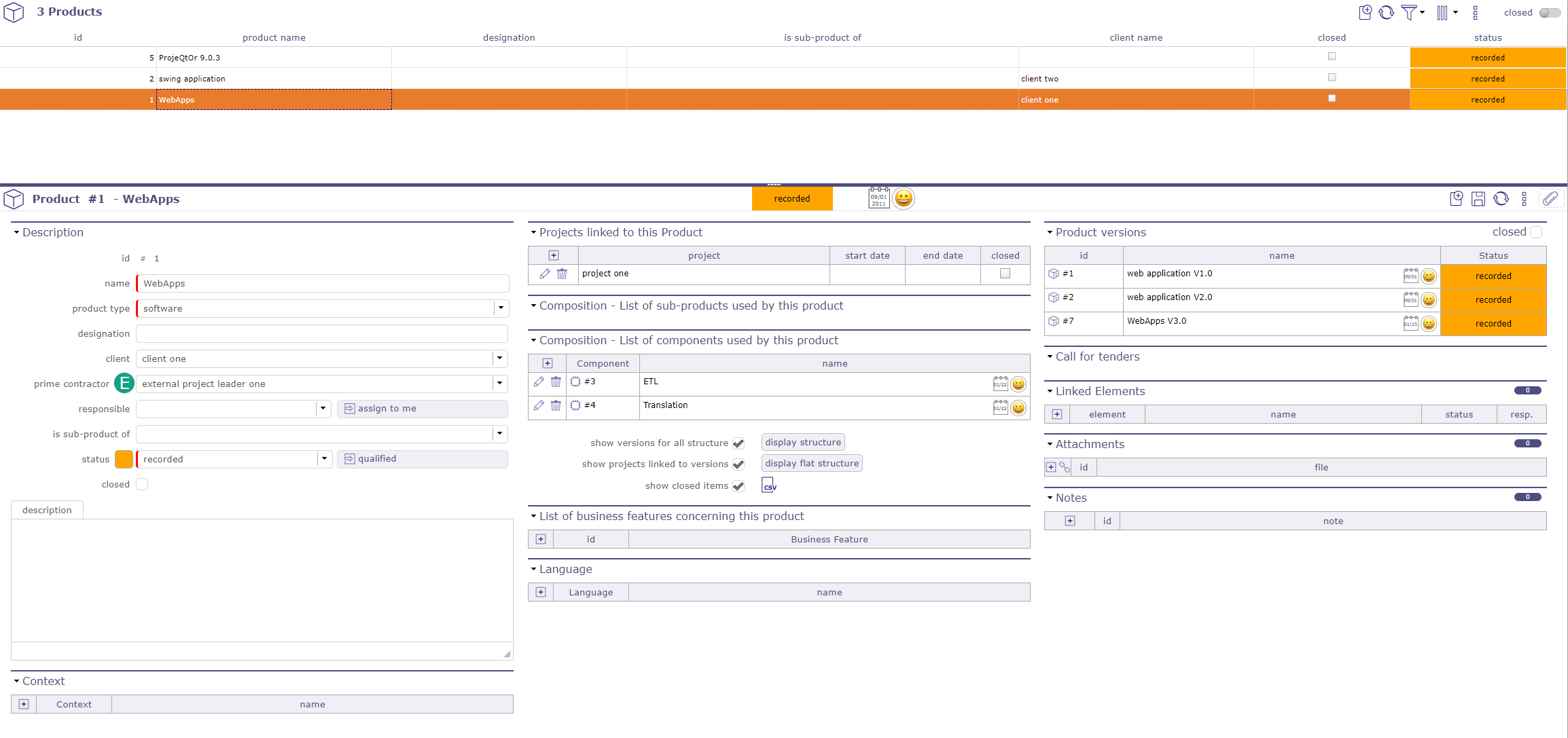 Product configuration screen