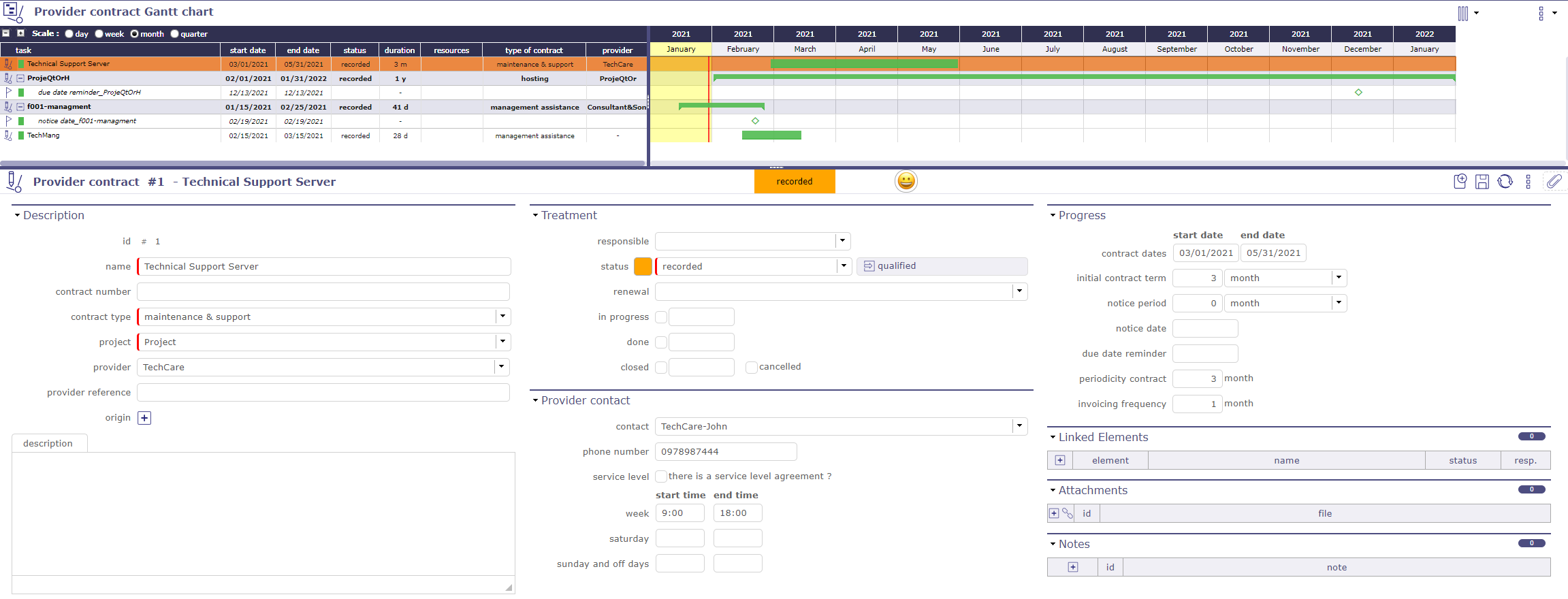 Supplier contract gantt chart screen