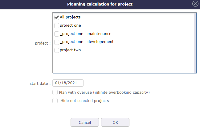 Project selection popUp for project calculation