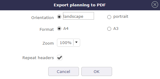Dialog box - Export planning to PDF
