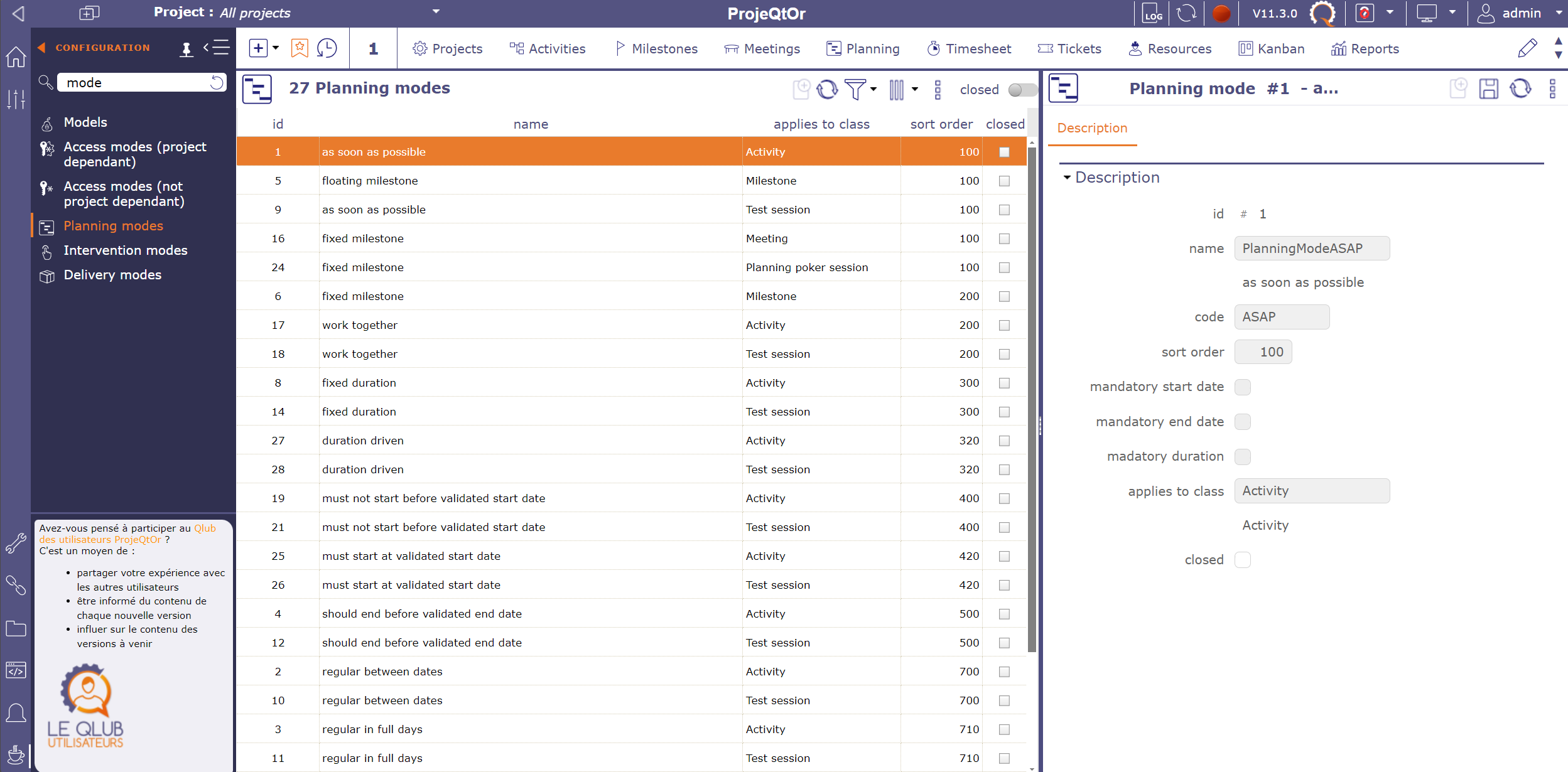 Planning modes screen