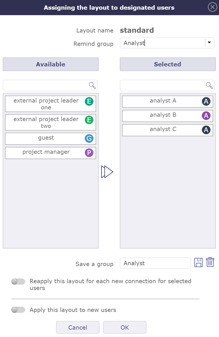 Assignment popup for a layout