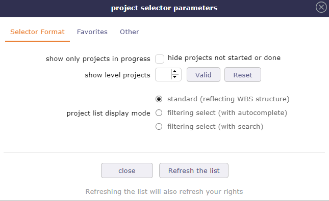Dialog box - Project selector parameters