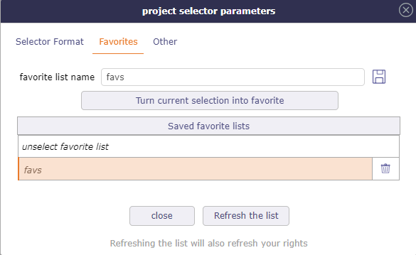 Favorites list in project selector