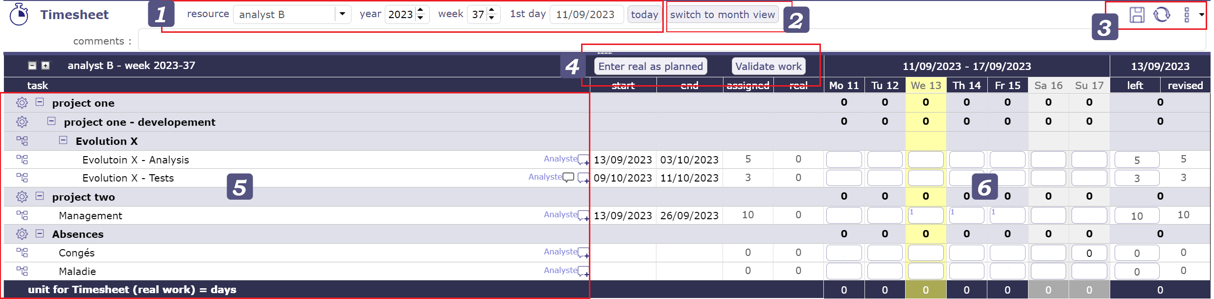 Timesheet zone screen