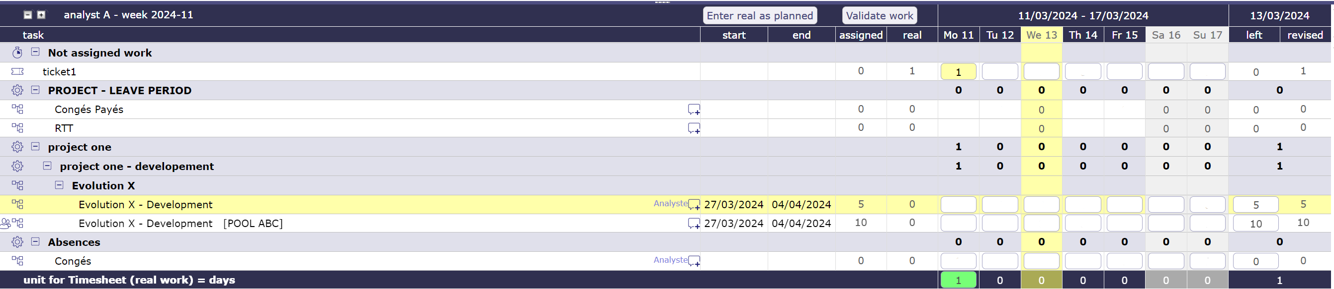 Timesheet with resource and resource pool lines