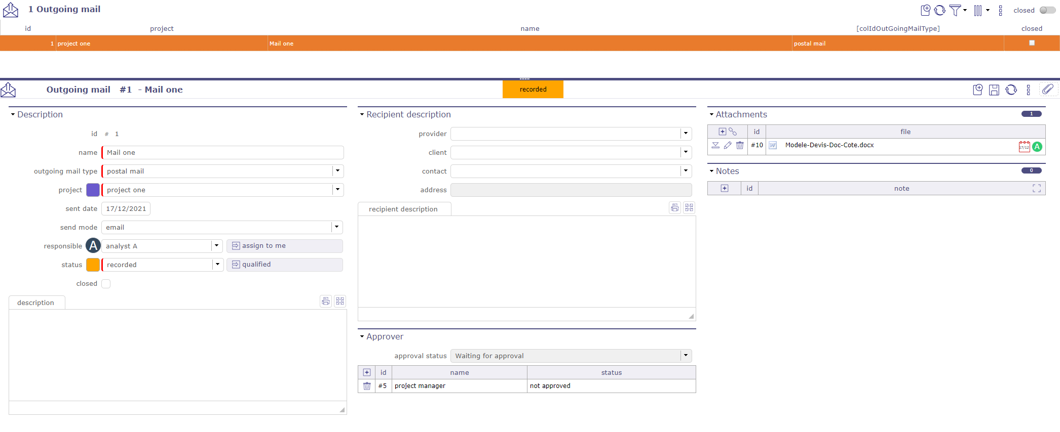 Outgoing mails screen