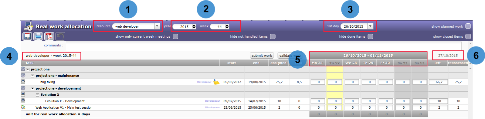 Timesheet selector zone