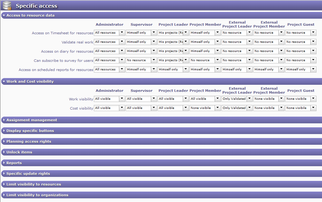 Specific access screen
